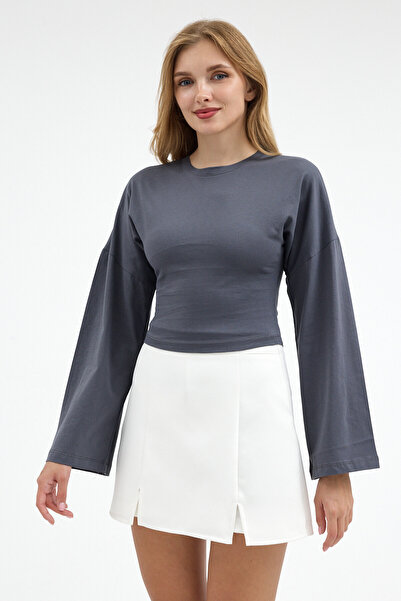 COMBİNE MİCHAİL Women's Basic Wide Sleeve Smoked Crop Blouse