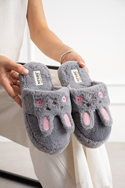 NOVİNS Women's Plush House Slippers with Rabbit Figure, Furry Soft Sole Winte...