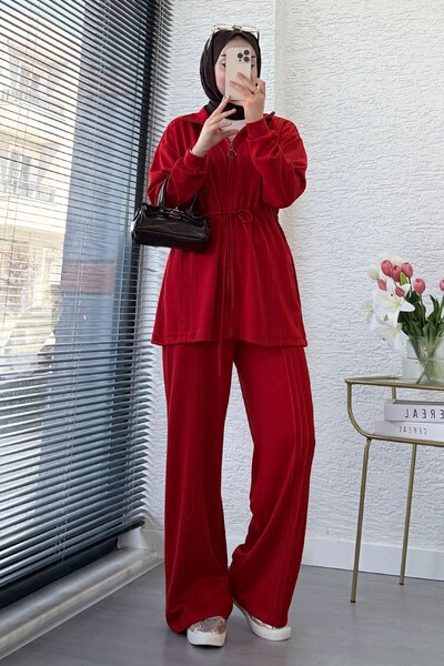 MELEK ARAZ Premium Drawstring Waist Cima Detail Double Face Trousers Set - Red