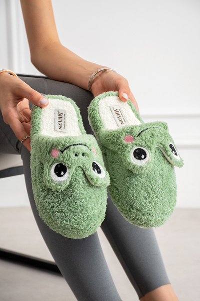 NOVİNS Women's Plush House Slippers with Frog Figure, Soft Furry, Silent Sole...
