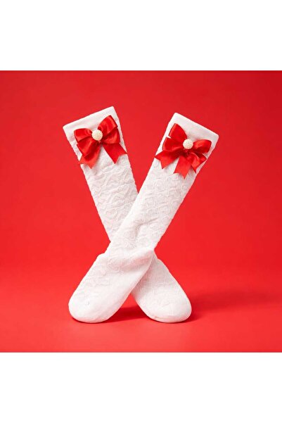 Satin Bow Knee-High Kids Socks – Saten Fiyonklu İncili Diz Altı Çocuk Çorabı
