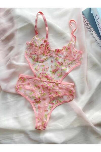 Genel Markalar Pembe Çiçekli Dantelli Bodysuit ( BABYDOLL & TANGA & BRALET )
