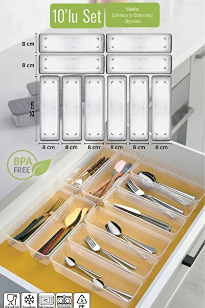 AYGÖREN HOME Set of 10 Modular Cutlery Set - Kitchen Organizer Drawer Organizer