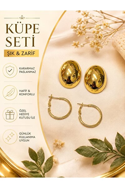 FERİHA DESING 2’li Küpe Seti Altın & Gümüş Renk Şık Halka Küpe
