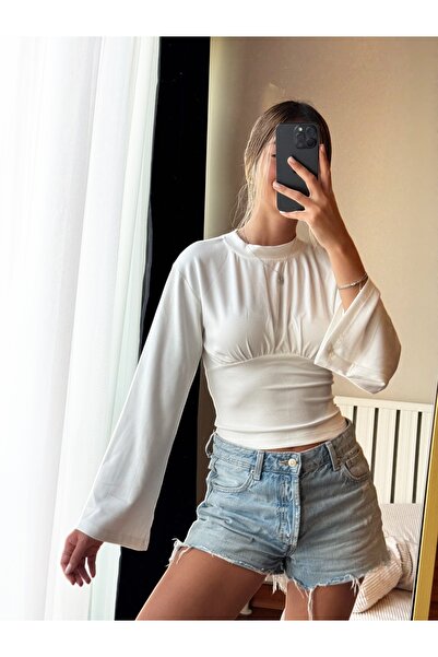 vipelmoda Γυναικεία λευκή μακρυμάνικη πλεκτή μπλούζα σκούμπα με λεπτομέρεια κ...
