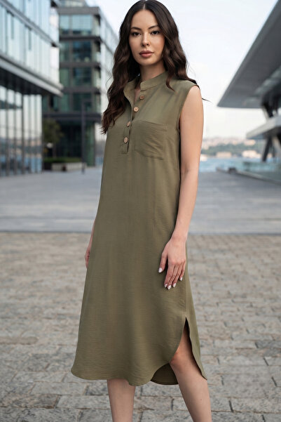 WeShaya Women's Khaki Sleeveless, Stand Collar, Solid Color Pattern, Single P...