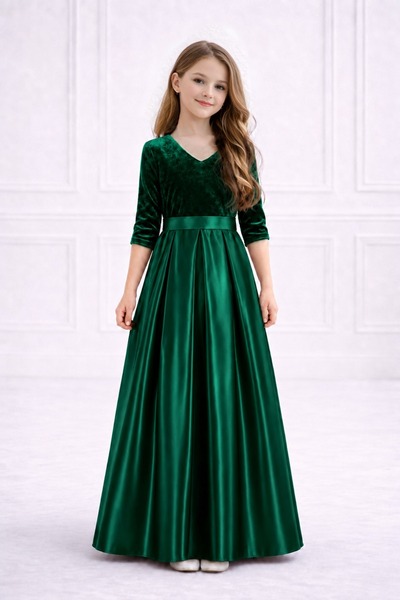 SUNEH Girl's Half Sleeve Top Velvet Bottom Satin Prom Graduation Birthday Dress