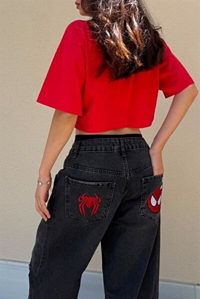 Karakedi Pantaloni largi unisex Y2K cu broderie Spider Man negru