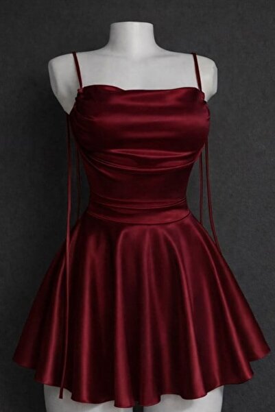 Karakedi Burgundy Satin Draped Detailed Rope Strap Dress