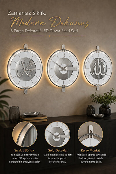 Pey Aksesuar 3 lü set duvar saati Allah Muhammed cam metal çelik gövde gerçek...