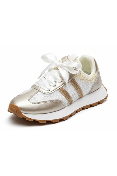 Generic Women's Cream & Gold Fashion Sneakers with Ribbon Laces