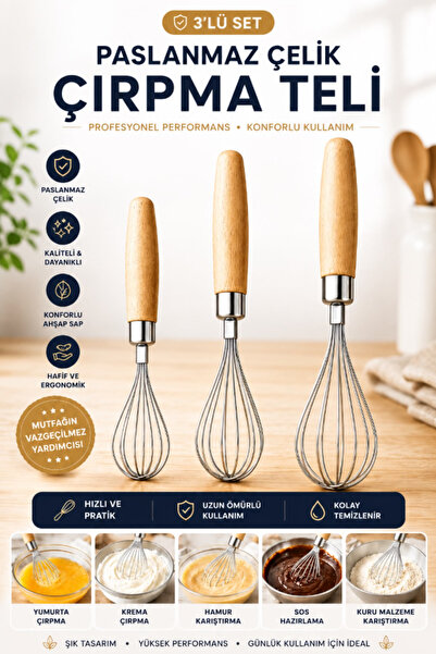 AYGÖREN HOME 3-Piece Wooden Handle Whisk Stainless Ultra Luxury Steel Egg Dou...