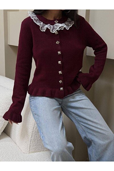 De Pose Ruffled Lace Collar Detailed Asymmetrical Buttoned Soft Cardigan