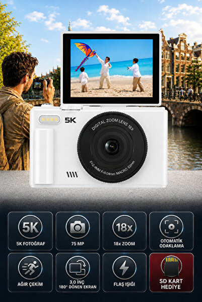 SEYUTECH 5K Dijital Video Kamera 75 MP 18X Zoom Flaşlı 3” Flip Ekranlı SD Kar...