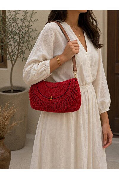Generic Brand Knitted Red Paper Rope Bag Shoulder Bag
