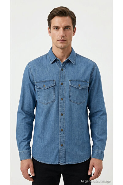 LC Waikiki Men's Shirt Denim Jean Long Sleeve Double Pocket Classic Collar Co...