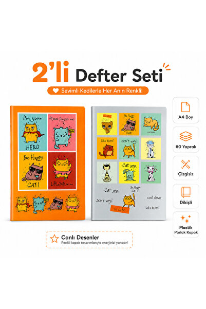 FLY COLOR A4 Dikişli Defter Seti 2’li 60 Yaprak Çizgisiz Plastik Parlak Kapak