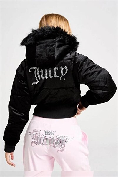 Karakedi Black Juicy Plush Hooded Inflatable Crop Coat with Elastic Waist