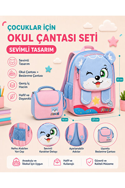 kruxon Cute Character Themed Kindergarten Bag & Thermal Lunch Box Set of 2 Blue