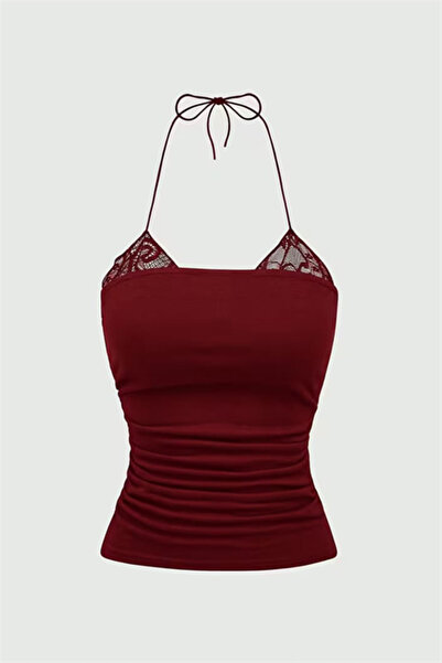 Karakedi Burgundy Lace Attached Tie-Detail Y2K Strap Cropped
