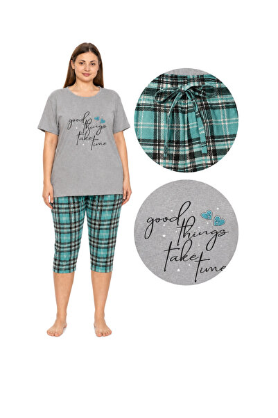 asma Pijamale de damă din bumbac, pantaloni 3/4, Take Time, gri, 4XL