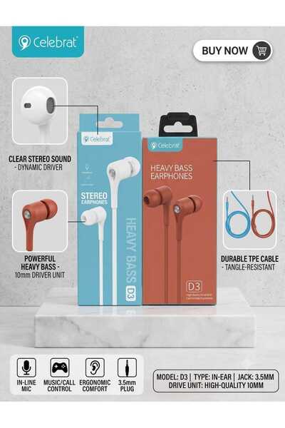 Celebrat D3 Heavy Bass Earphones – 10mm Driver, In-Ear Stereo Headphones with...