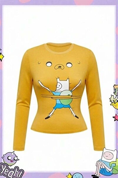 Karakedi Κίτρινο Adventure Time Φιν και Τζακ Y2K Μακρυμάνικο Κροπ Τοπ