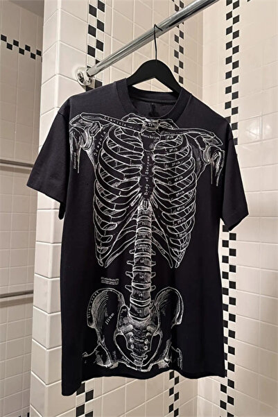 Karakedi Tricou unisex negru Gothic ergonomic Skeleton Grunge Y2K