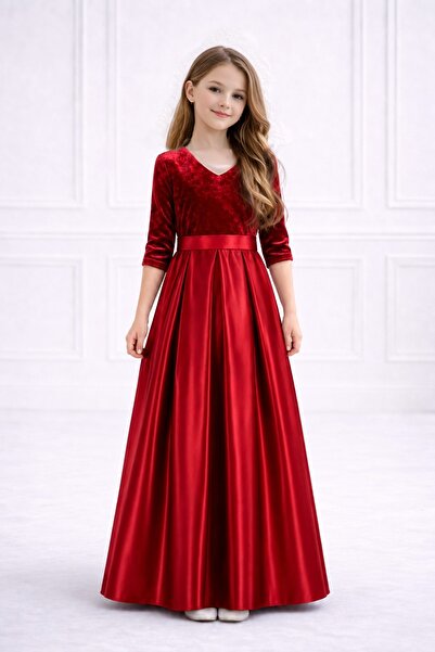 SUNEH Girl's Half Sleeve Top Velvet Bottom Satin Prom Graduation Birthday Dress