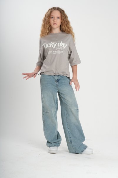 HayKids Girls/Teen Girls' Oversized T-Shirt with "Lucky Day" Print and Six Drawstrings – Loose Fit T-Shirt with Stopper