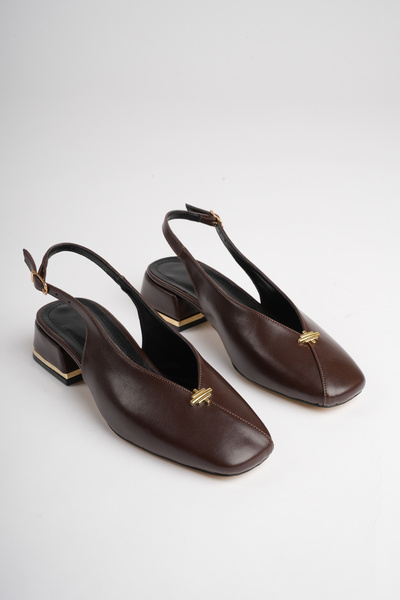 LORVENA Women's Bitter Brown 4 cm Thick Short Heeled Gold Detailed Open Back ...