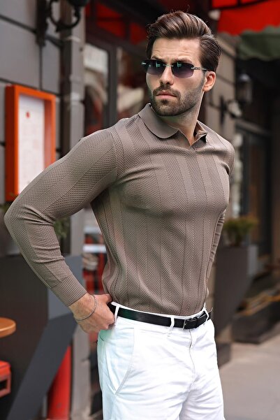 Madmext Light Brown Regular Fit Polo Collar Knitwear Men's Sweater E7509