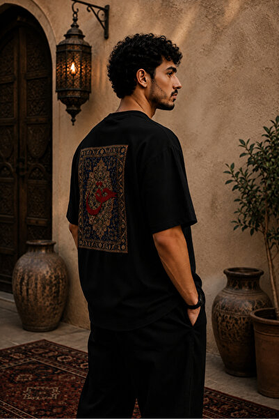 ZAVIXO Lacivert Erkek Oversize Hat Sanatı Baskılı Premium Pamuk Tişört – Etnik Desenli Casual Streetwear T-Shirt