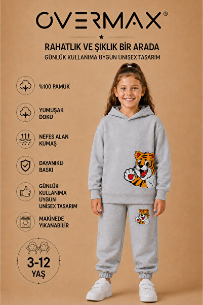 OVERMAX Baby Tiger Printed Children's Hooded Sweatshirt Set – Ages 3-12