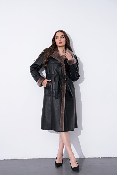 Metins Leather Kadın İçi Kürklü Hakiki Deri Kaban - Kemerli, Normal Kalıp 304...