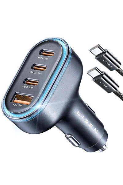 LISEN Зарядно за кола (YL0223120021), с Type-C кабел, USB, 3x Type-C, 101W, б...