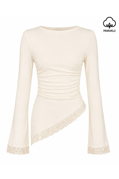 peri tower Women's Cotton Boat Neck Side Gathered Asymmetrical Cut Lace Detai...