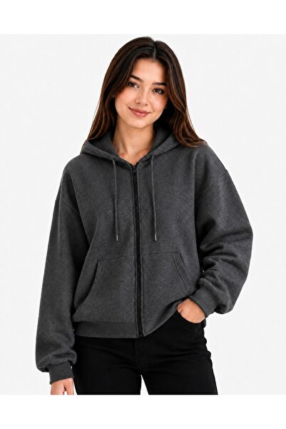 Nacar 2'iplik Kapüşonlu Unisex Fermuarlı Sweatshirt / Hırka
