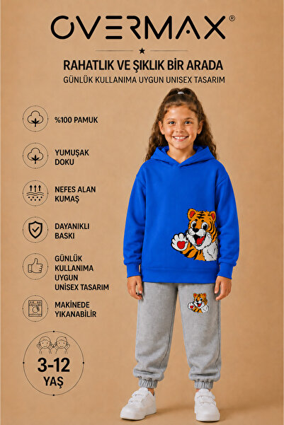 OVERMAX Baby Tiger Printed Children's Hooded Sweatshirt Set – Ages 3-12