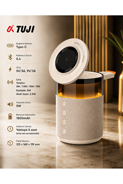tuji 5’i 1 Arada M-Safe Kablosuz Şarjlı Bluetooth Hoparlör – 15W Manyetik Şar...