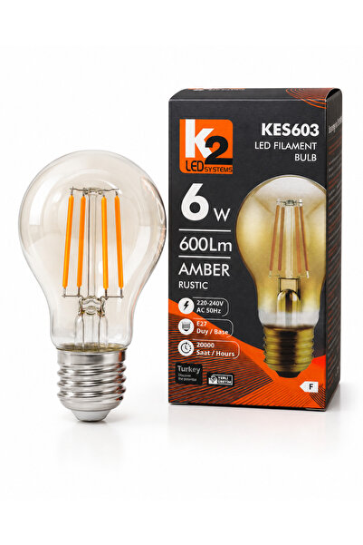 K2 GLOBAL 6W E27 Amber Rustik LED Filament Ampul 600 Lümen 2200K