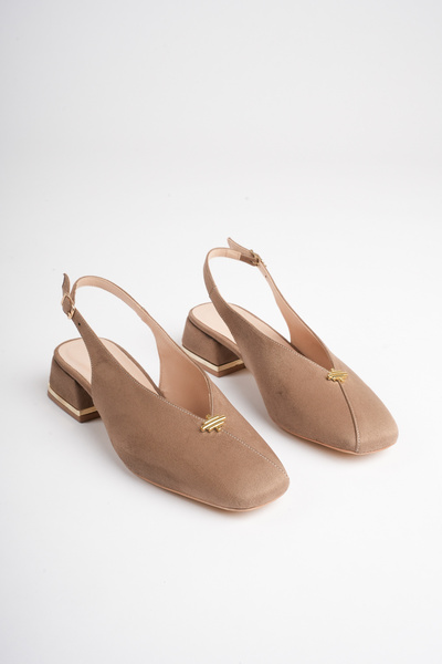 LORVENA Women's Mink Suede 4 cm Thick Short Heeled Open Back Shoes with Gold ...