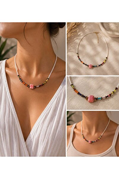MARE BUTİK White Necklace with Colorful Bead Detail