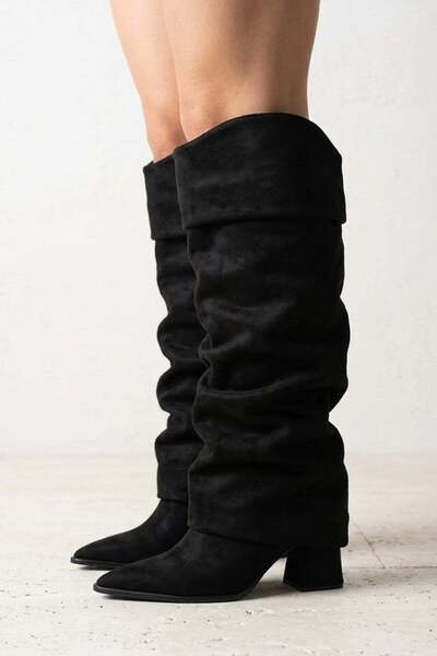 Preshley Women's Santorini Black Suede Snap-On Boots with Drawstring Detail