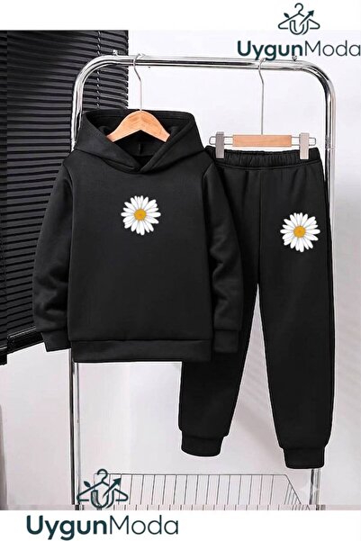 UygunModa Single Daisy Printed Hooded Thick Cotton Inside Padding Tracksuit w...