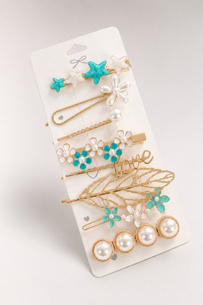 THE Steel Women's Gold Detailed Multi Hairpin Set with Pearl Flower and Star Model