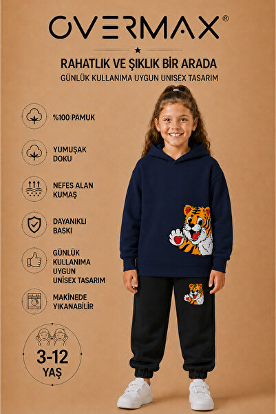 OVERMAX Baby Tiger Printed Children's Hooded Sweatshirt Set – Ages 3-12