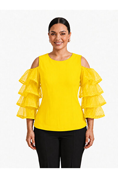 ROCMAY Plus Size Organza Flawed Sleeve Elegant Blouse