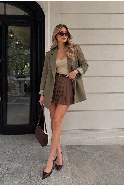 Moda Algan Astarı Çizgi Detaylı Blazer Ceket MA10058 Haki