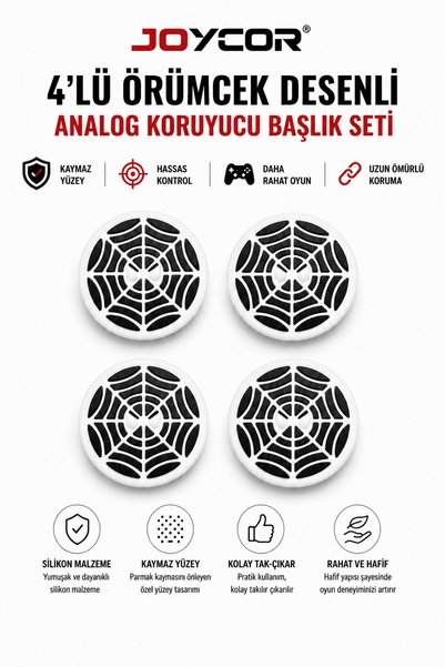 JOYCOR 4’lü Örümcek Kafa Desenli Analog Koruyucu Silikon Seti PS5 PS4 PS3 Xbo...